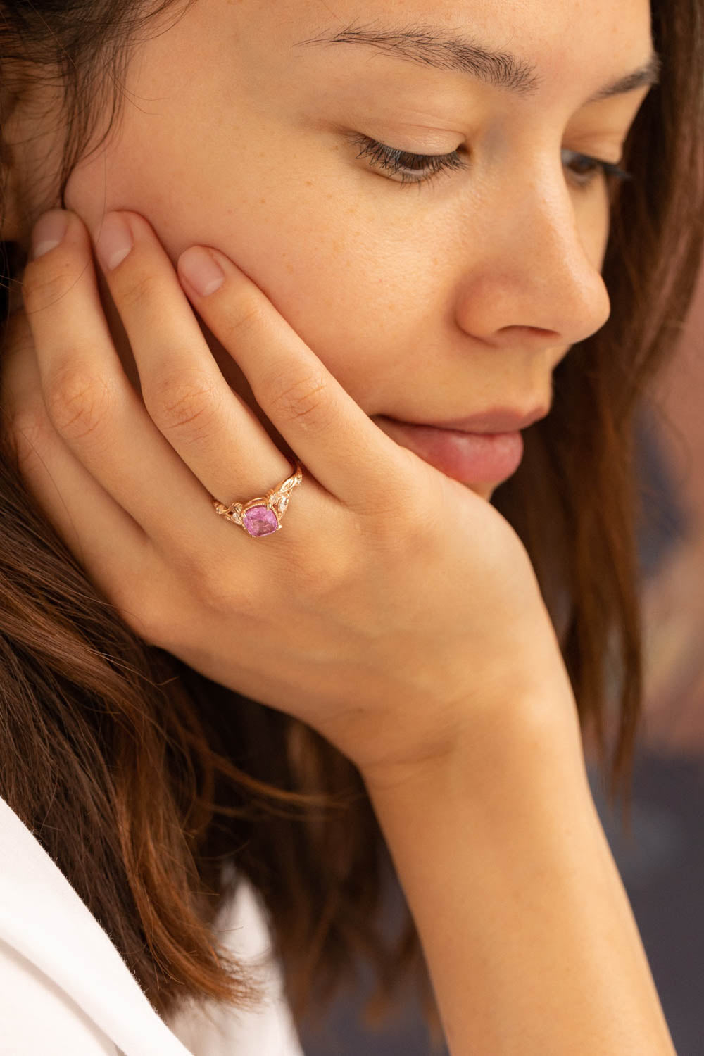 READY TO SHIP: Patricia ring in 14K rose gold, pink sapphire cushion cut 7mm, diamonds, AVAILABLE RING SIZES: 6-8 US - Eden Garden Jewelry™