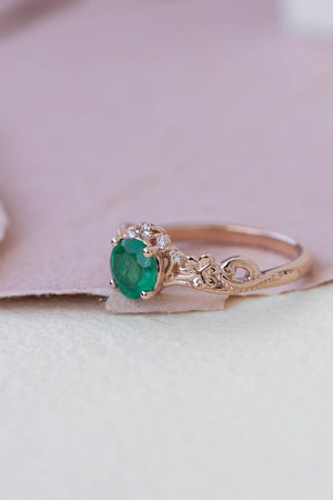 Round emerald rose gold engagement ring, clover leaves proposal ring with diamonds / Horta - Eden Garden Jewelry™