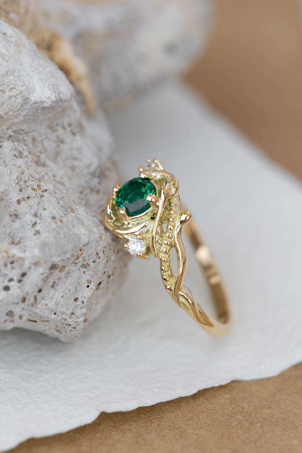 Lab emerald engagement ring, nature themed ring with accent diamonds  / Undina - Eden Garden Jewelry™