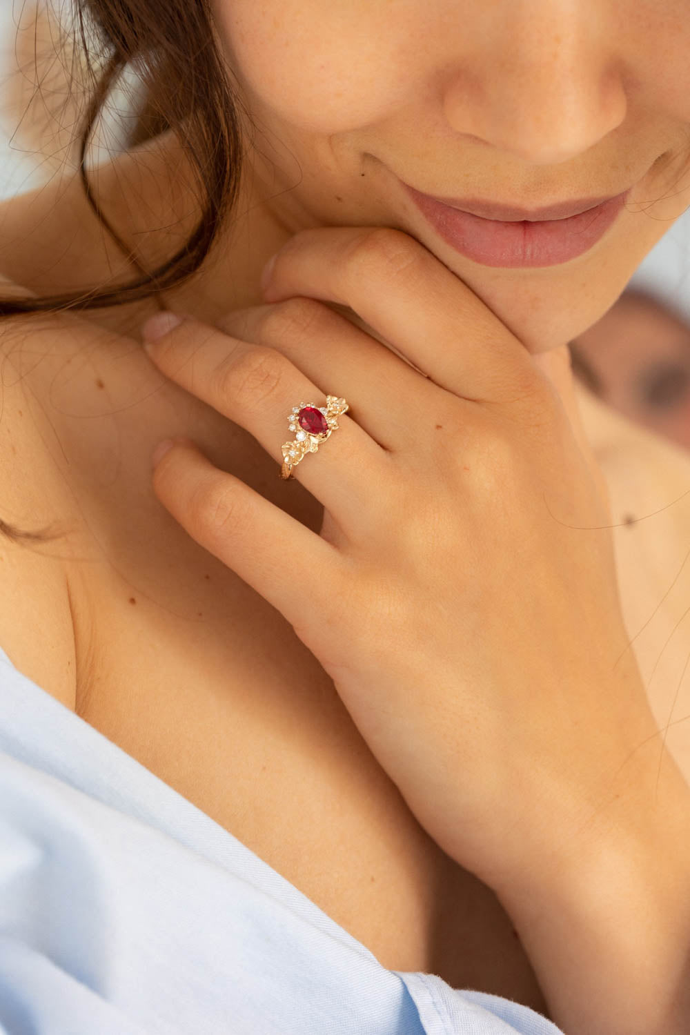 Lab ruby bridal ring set with diamond crown, unique flower engagement ring set / Adelina - Eden Garden Jewelry™