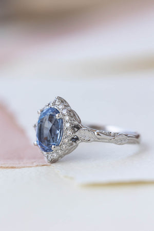 Halo diamond and sapphire engagement ring, white gold leaf engagement ring  / Florentina - Eden Garden Jewelry™