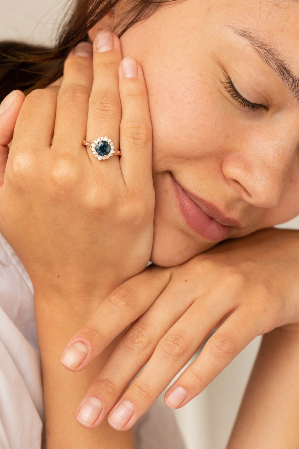 Gorgeous teal sapphire engagement ring with diamond halo, nature inspired gold ring with 2.3 carat sapphire and diamonds / Florentina - Eden Garden Jewelry™