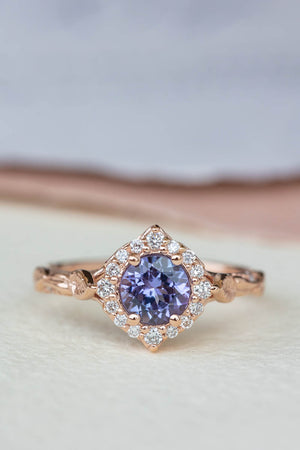 Lavender tanzanite engagement ring with diamond halo, rose gold leaves ring with diamonds / Florentina - Eden Garden Jewelry™