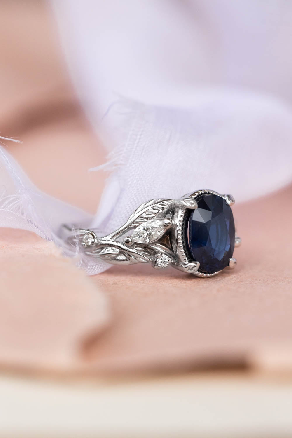 Royal blue sapphire engagement ring, nature inspired white gold proposal ring with diamonds / Patricia - Eden Garden Jewelry™