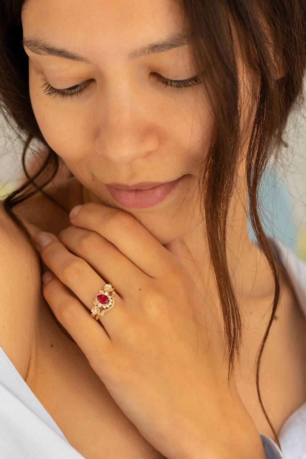 Lab ruby bridal ring set with diamond crown, unique flower engagement ring set / Adelina - Eden Garden Jewelry™