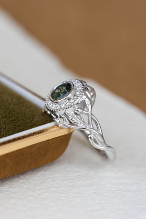 Moss agate and diamond halo engagement ring, nature themed gold branch ring  / Tilia halo - Eden Garden Jewelry™