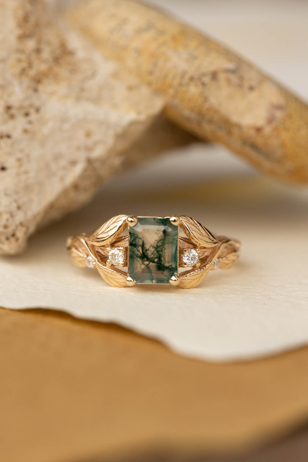 Emerald cut moss agate engagement ring, gold nature themed ring diamonds / Clematis - Eden Garden Jewelry™