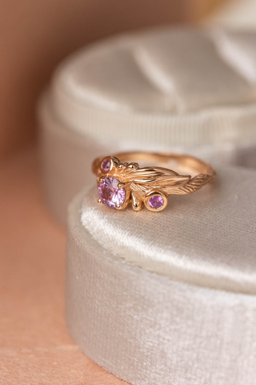 Pink sapphires engagement ring, olive branch gold ring with sapphires / Olivia - Eden Garden Jewelry™