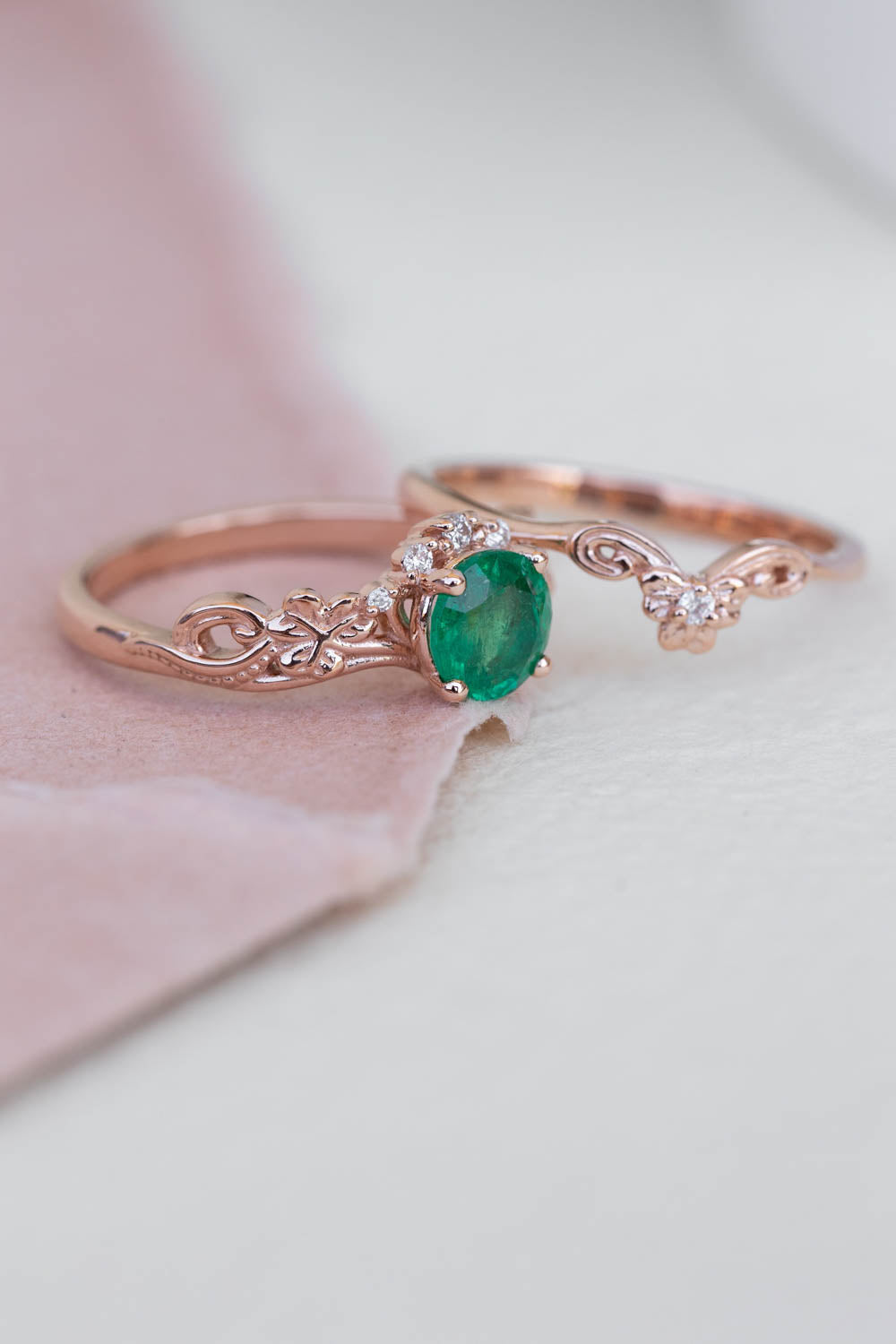 Natural emerald engagement ring set, celtic bridal ring set / Horta - Eden Garden Jewelry™