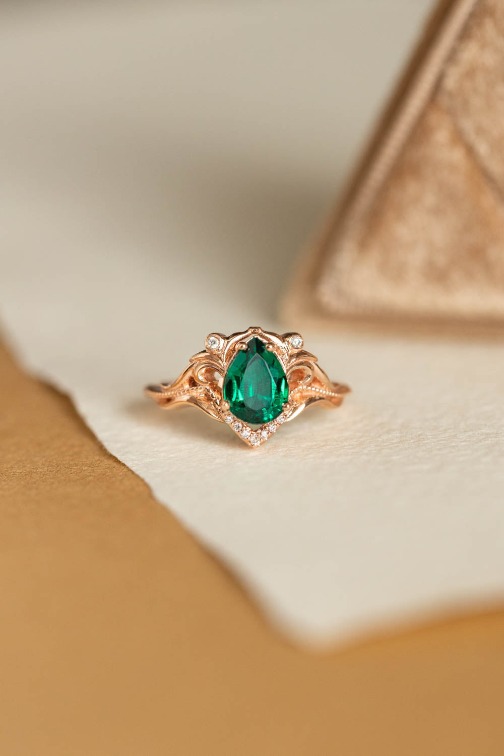 Pear lab emerald engagement ring, vintage inspired gold ring with diamonds / Lida small - Eden Garden Jewelry™