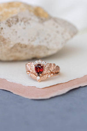 Diamond crown and garnet engagement ring, gorgeous nature inspired proposal ring / Royal Oak - Eden Garden Jewelry™