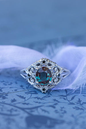 Alexandrite and black diamonds anniversary ring, white gold stars engagement ring - Eden Garden Jewelry™