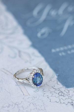 Bi-colour tanzanite engagement ring, nature inspired white gold ring with diamond halo / Florentina - Eden Garden Jewelry™