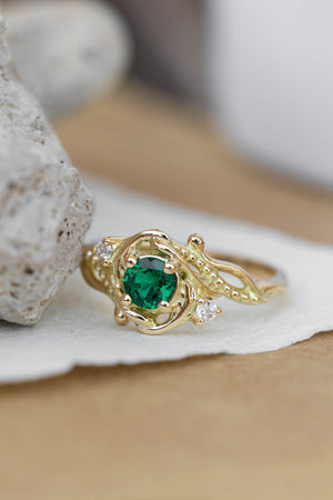 Lab emerald engagement ring, nature themed ring with accent diamonds  / Undina - Eden Garden Jewelry™