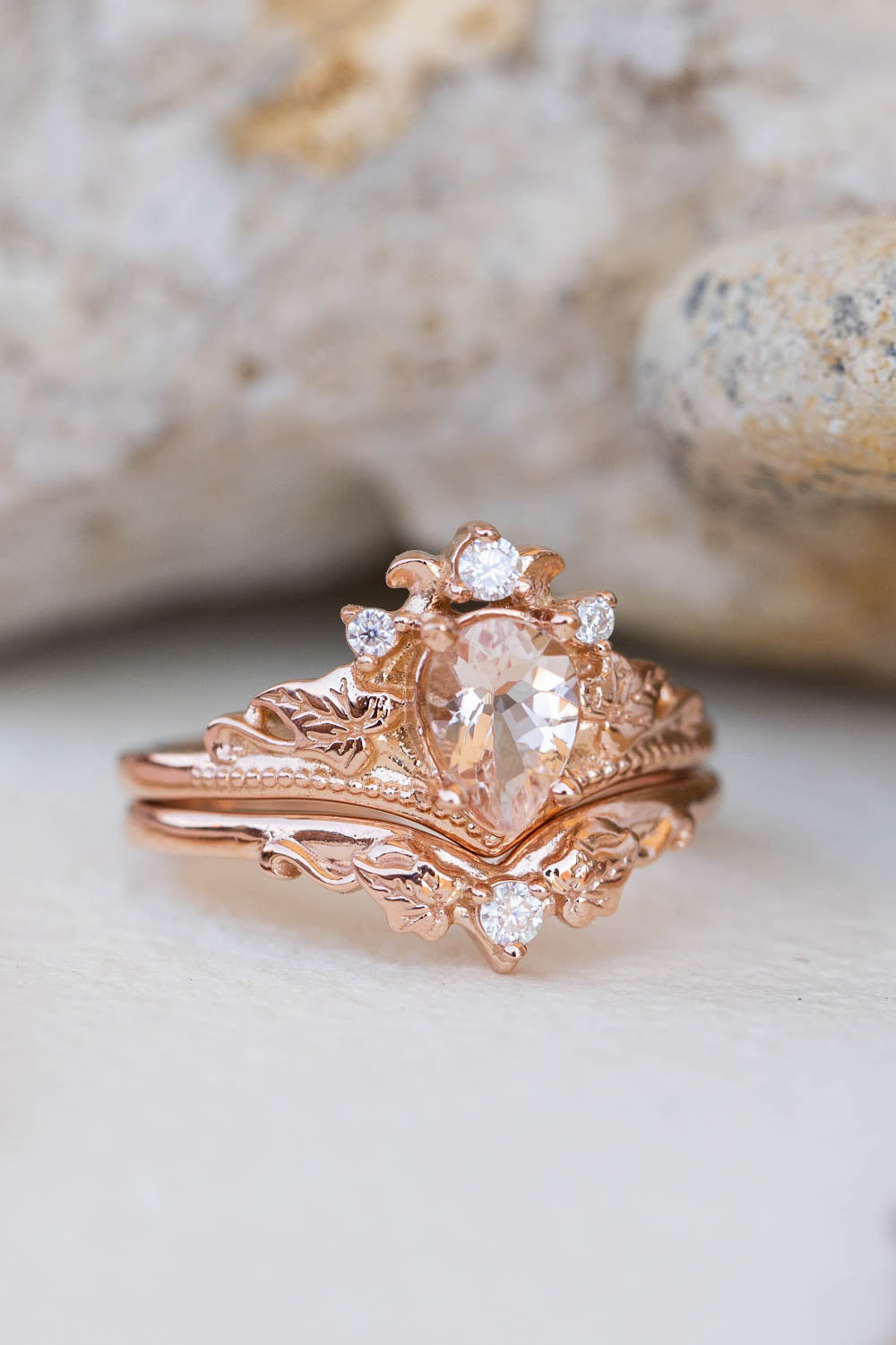 Natural pear morganite bridal ring set, rose gold ivy leaves engagement rings / Ariadne - Eden Garden Jewelry™