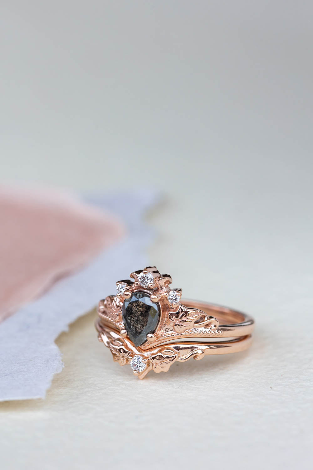 Pear salt and pepper diamond engagement ring, rose gold ivy leaves ring with diamonds / Ariadne - Eden Garden Jewelry™