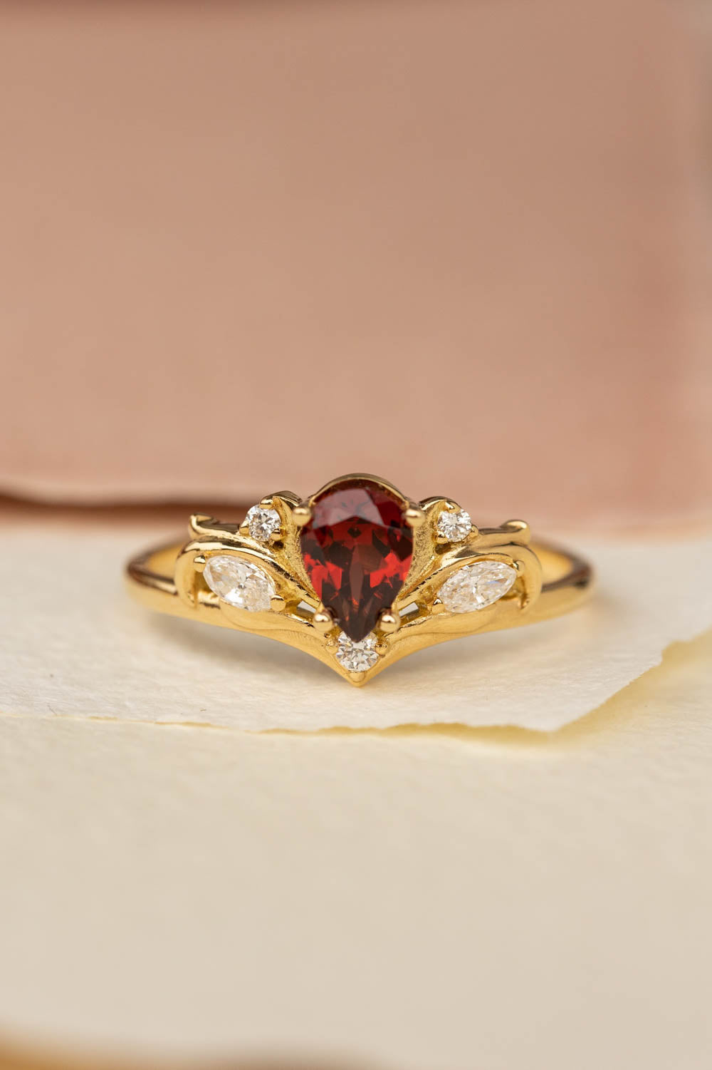 Pear shaped garnet engagement ring, alternative bridal ring set / Swanlake - Eden Garden Jewelry™