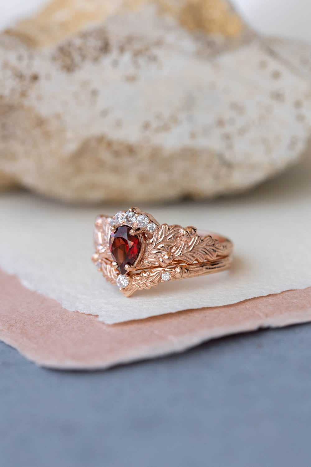 Diamond crown and garnet engagement ring, gorgeous nature inspired proposal ring / Royal Oak - Eden Garden Jewelry™