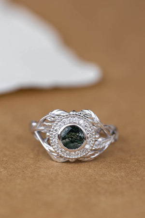 Moss agate and diamond halo engagement ring, nature themed gold branch ring  / Tilia halo - Eden Garden Jewelry™