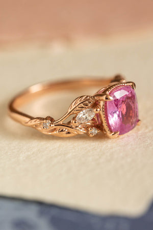 Genuine pink sapphire branch engagement ring, gold leaves and diamonds proposal ring / Patricia - Eden Garden Jewelry™