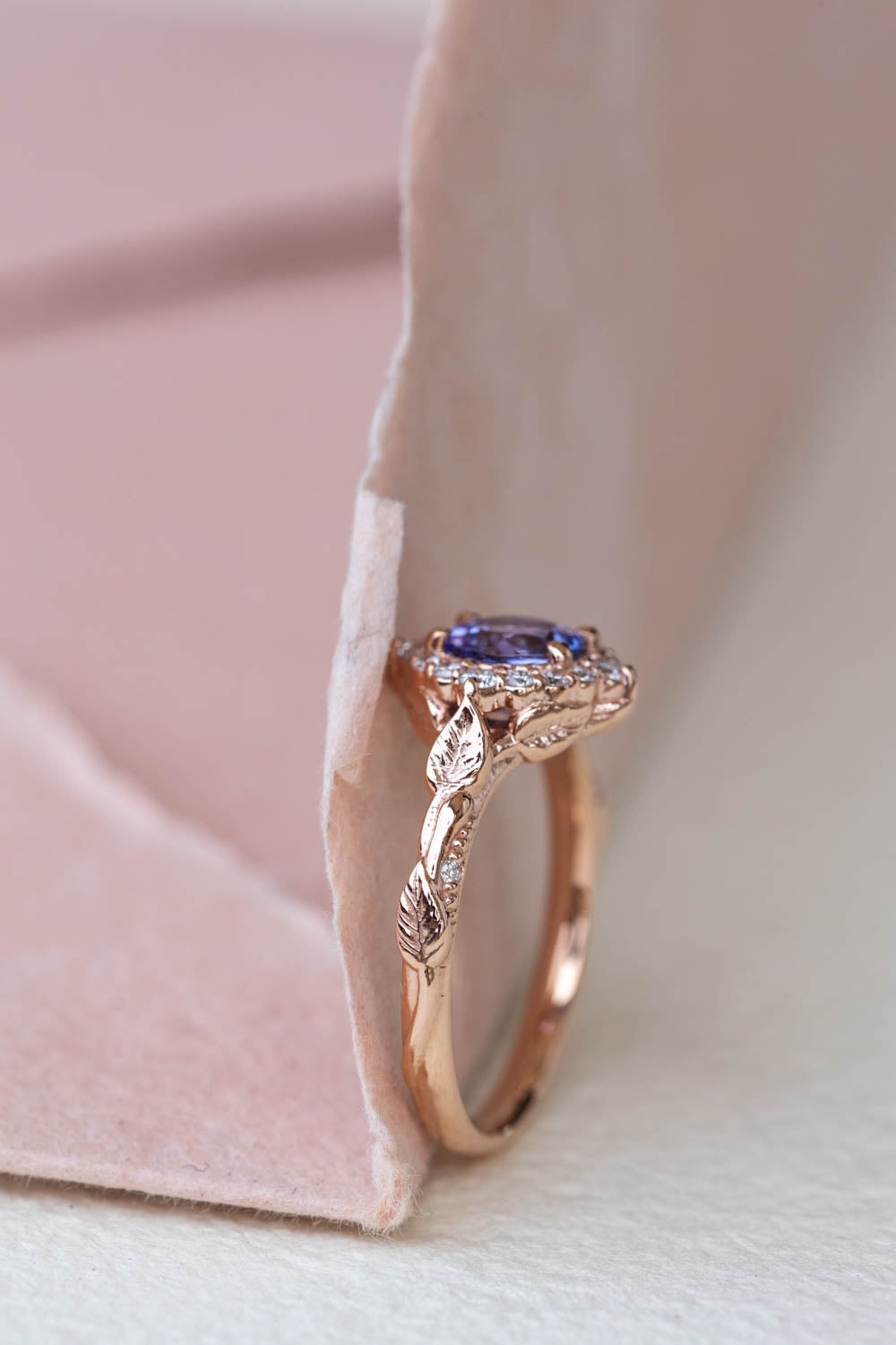 Lavender tanzanite engagement ring with diamond halo, rose gold leaves ring with diamonds / Florentina - Eden Garden Jewelry™