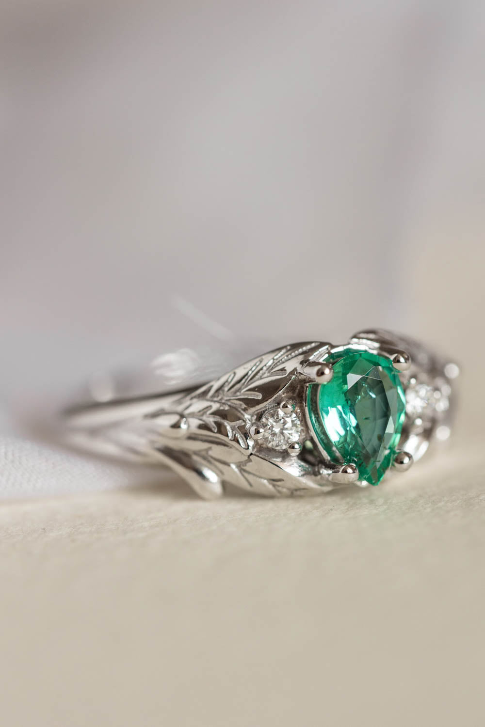 Natural emerald engagement ring, white gold leaf ring with accent diamonds / Wisteria - Eden Garden Jewelry™