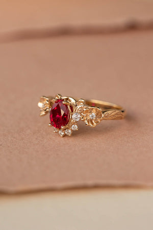 Ruby and crown diamonds engagement ring, gold flower proposal ring / Adelina - Eden Garden Jewelry™