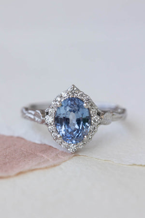 Halo diamond and sapphire engagement ring, white gold leaf engagement ring  / Florentina - Eden Garden Jewelry™