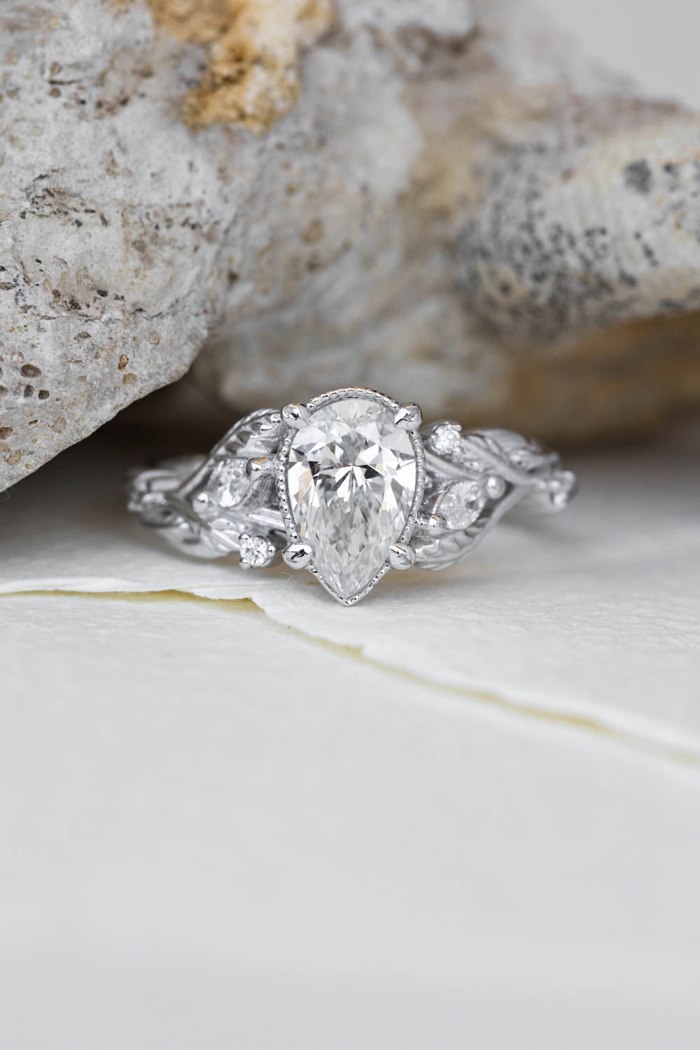 READY TO SHIP: Patricia ring in 14K white gold, lab grown diamond pear cut 8x6 mm, accent lab grown diamonds, AVAILABLE RING SIZES: 6-8US - Eden Garden Jewelry™