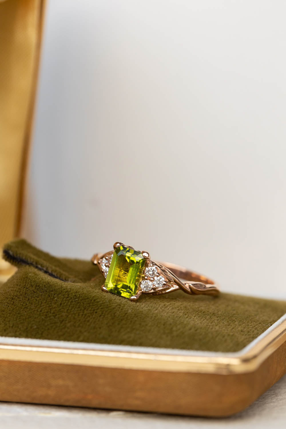 Peridot engagement ring, emerald cut gemstone proposal ring with accent diamonds / Gloria - Eden Garden Jewelry™