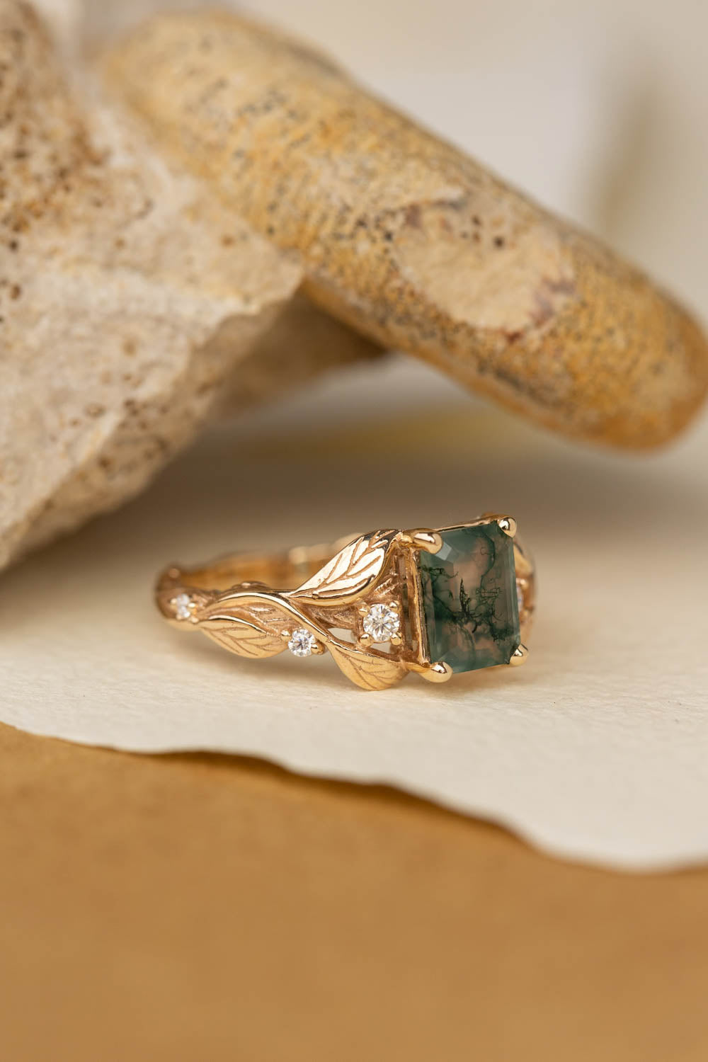 Emerald cut moss agate engagement ring, gold nature themed ring diamonds / Clematis - Eden Garden Jewelry™