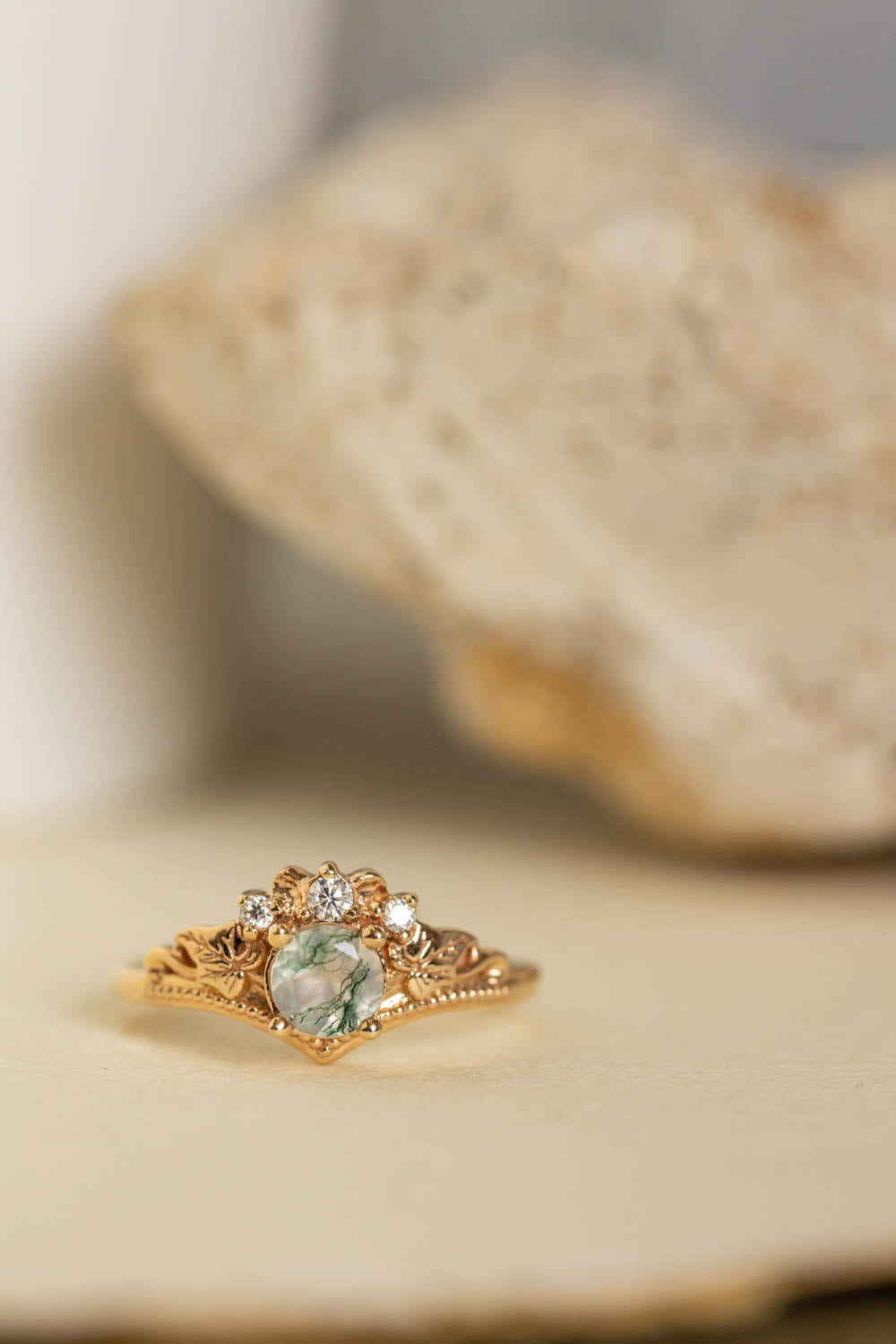 Moss agate engagement ring, alternative gold promise ring with diamonds / Ariadne - Eden Garden Jewelry™