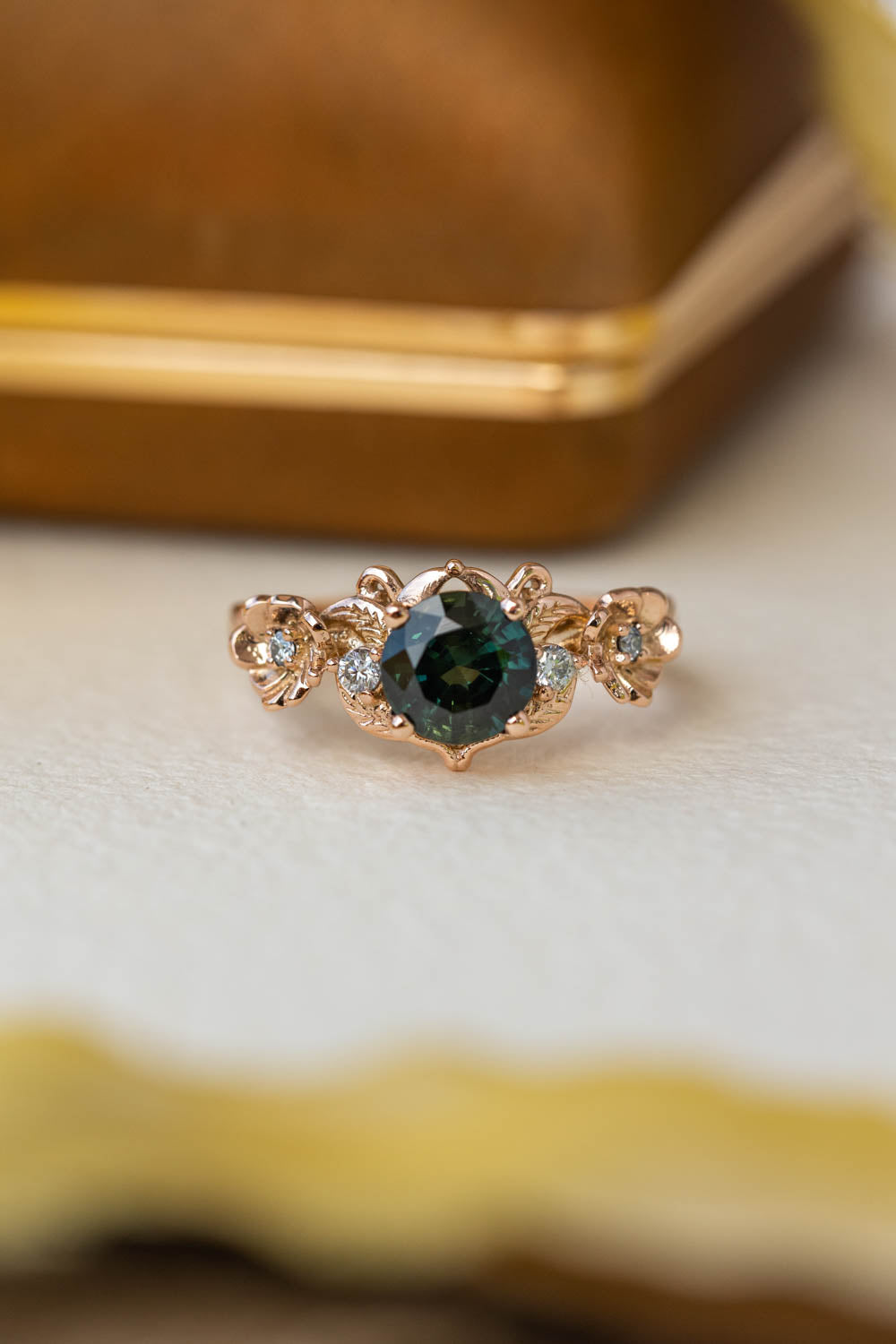 1 carat teal sapphire engagement ring, floral ring with diamonds / Adelina - Eden Garden Jewelry™