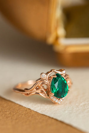 Pear lab emerald engagement ring, vintage inspired gold ring with diamonds / Lida small - Eden Garden Jewelry™