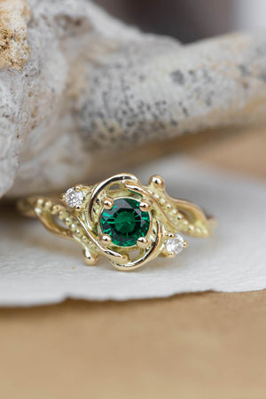 Lab emerald engagement ring, nature themed ring with accent diamonds  / Undina - Eden Garden Jewelry™