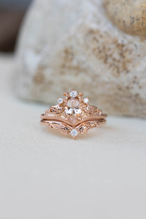 Natural pear morganite bridal ring set, rose gold ivy leaves engagement rings / Ariadne - Eden Garden Jewelry™