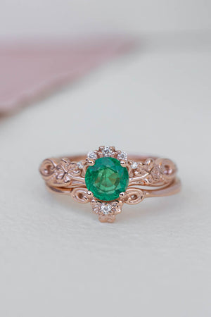 Round emerald rose gold engagement ring, clover leaves proposal ring with diamonds / Horta - Eden Garden Jewelry™