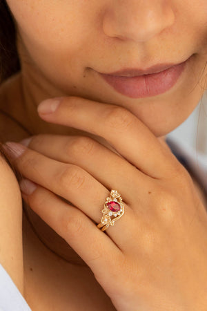 Adelina | bridal ring set with pear cut gemstone and half-halo - Eden Garden Jewelry™