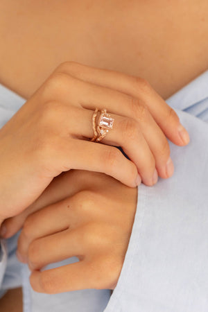 Morganite engagement ring set, emerald cut gemstone bridal ring set / Patricia - Eden Garden Jewelry™