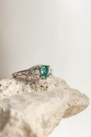 Natural emerald engagement ring, white gold leaf ring with accent diamonds / Wisteria - Eden Garden Jewelry™