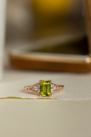 Peridot engagement ring, emerald cut gemstone proposal ring with accent diamonds / Gloria - Eden Garden Jewelry™