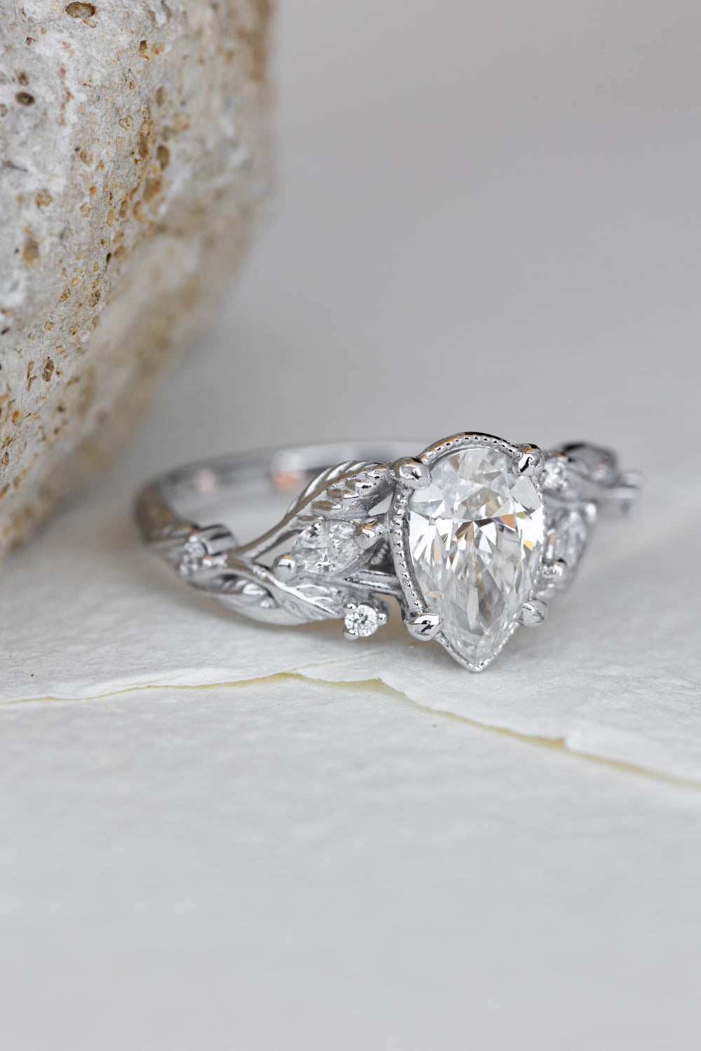 READY TO SHIP: Patricia ring in 14K white gold, lab grown diamond pear cut 8x6 mm, accent lab grown diamonds, AVAILABLE RING SIZES: 6-8US - Eden Garden Jewelry™