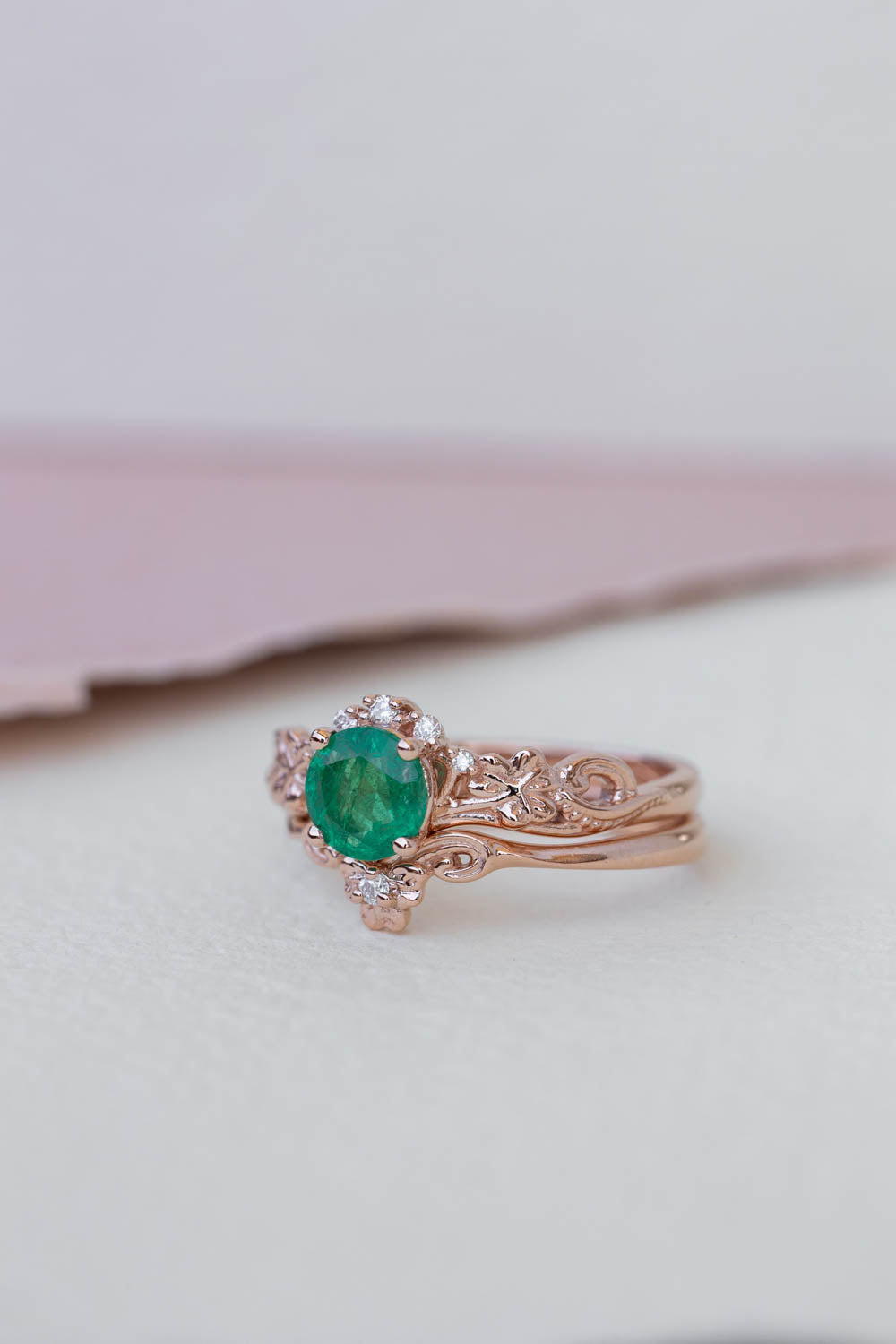 Round emerald rose gold engagement ring, clover leaves proposal ring with diamonds / Horta - Eden Garden Jewelry™