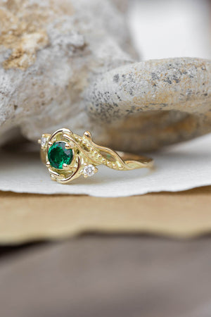 Lab emerald engagement ring, nature themed ring with accent diamonds  / Undina - Eden Garden Jewelry™