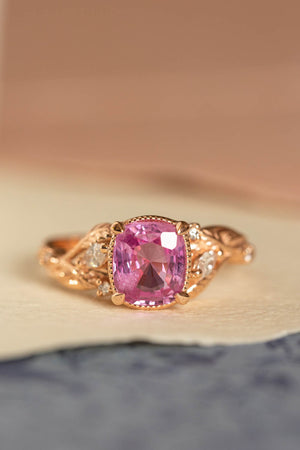 Genuine pink sapphire branch engagement ring, gold leaves and diamonds proposal ring / Patricia - Eden Garden Jewelry™