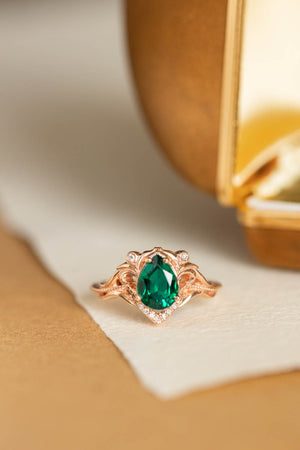 Pear lab emerald engagement ring, vintage inspired gold ring with diamonds / Lida small - Eden Garden Jewelry™