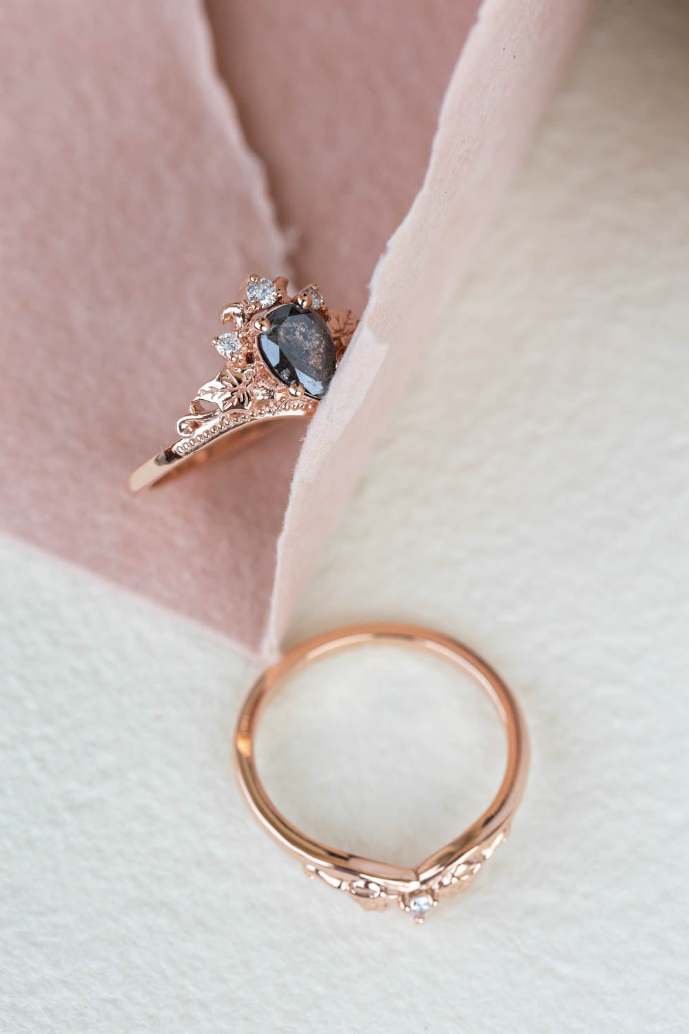 Pear salt and pepper diamond engagement ring, rose gold ivy leaves ring with diamonds / Ariadne - Eden Garden Jewelry™