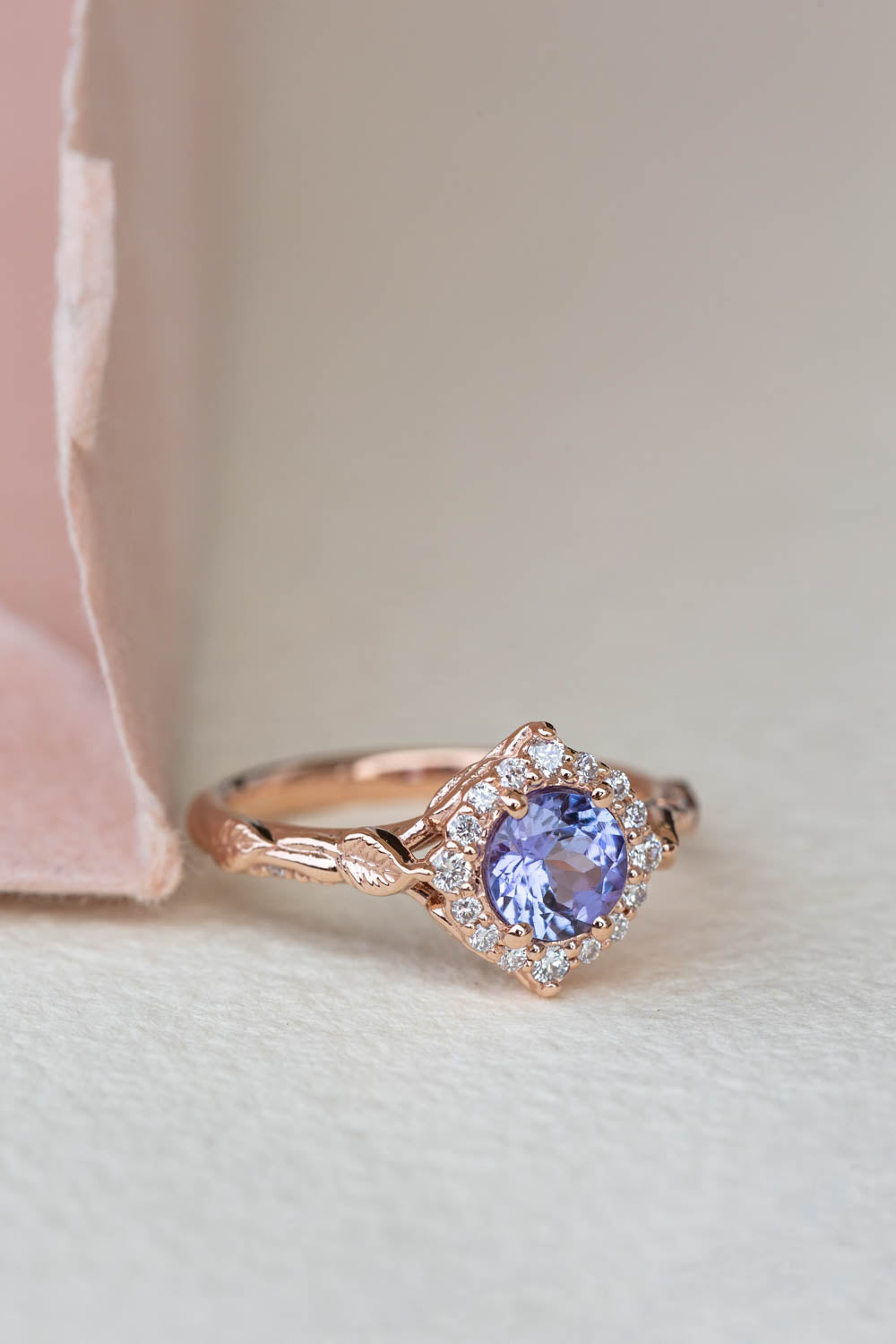 Lavender tanzanite engagement ring with diamond halo, rose gold leaves ring with diamonds / Florentina - Eden Garden Jewelry™