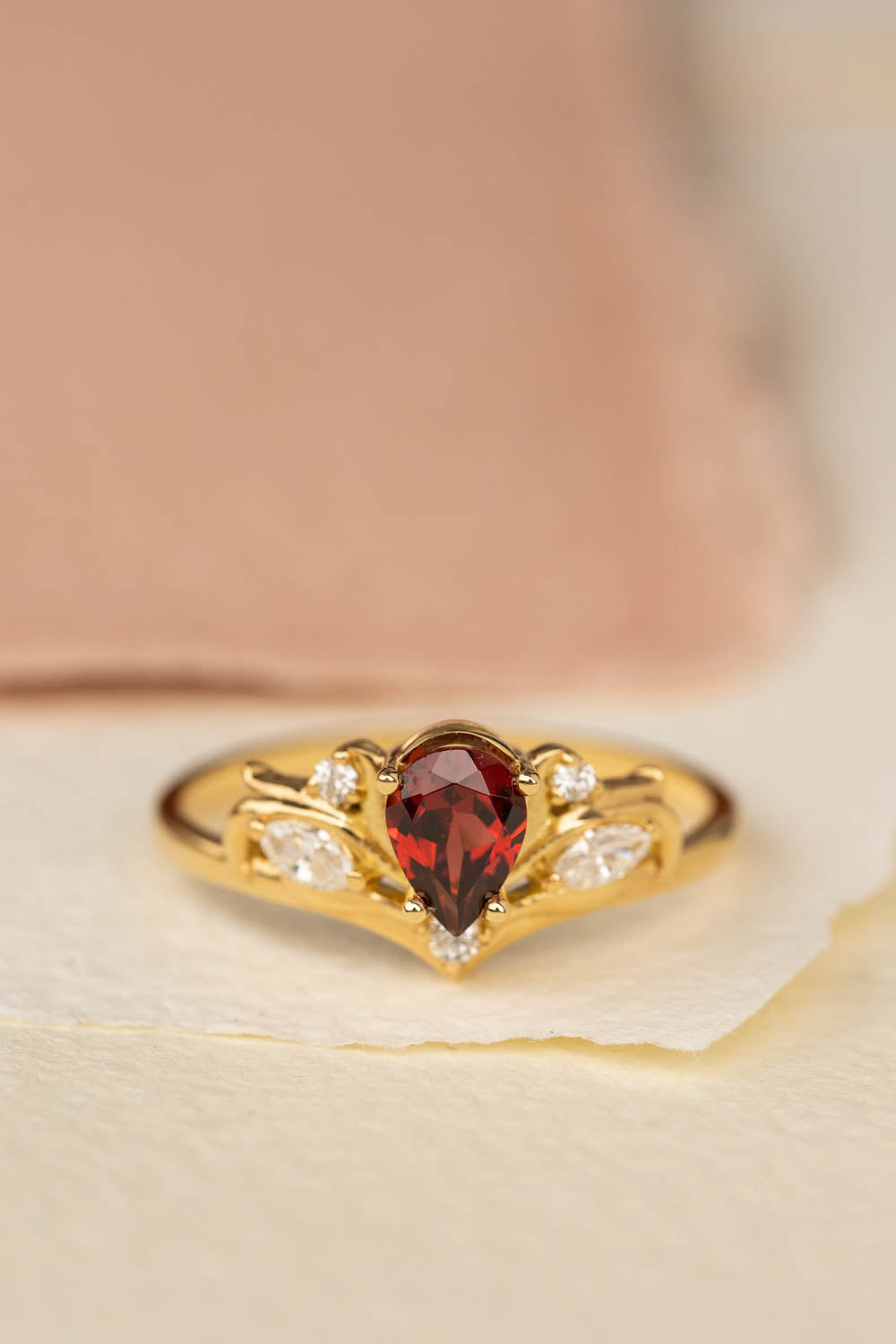 READY TO SHIP: Swanlake ring in 18K yellow gold, natural garnet pear 7x5 mm, natural diamonds, AVAILABLE RING SIZES: 8.5-10.5US - Eden Garden Jewelry™