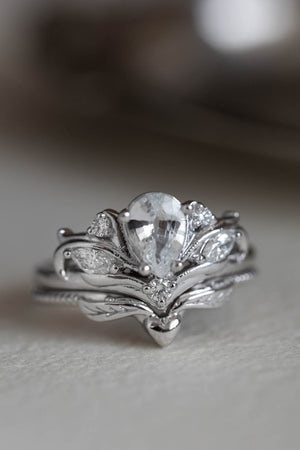 Pear cut white sapphire engagement ring, white gold fantasy ring with diamonds / Swanlake - Eden Garden Jewelry™